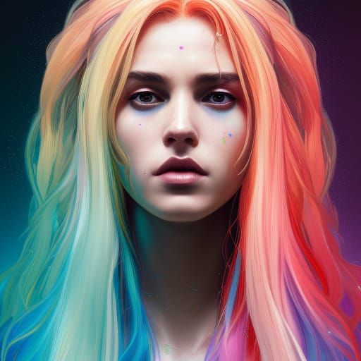 Rainbow Hair Portrait in Hyperdetailed Digital Art Style