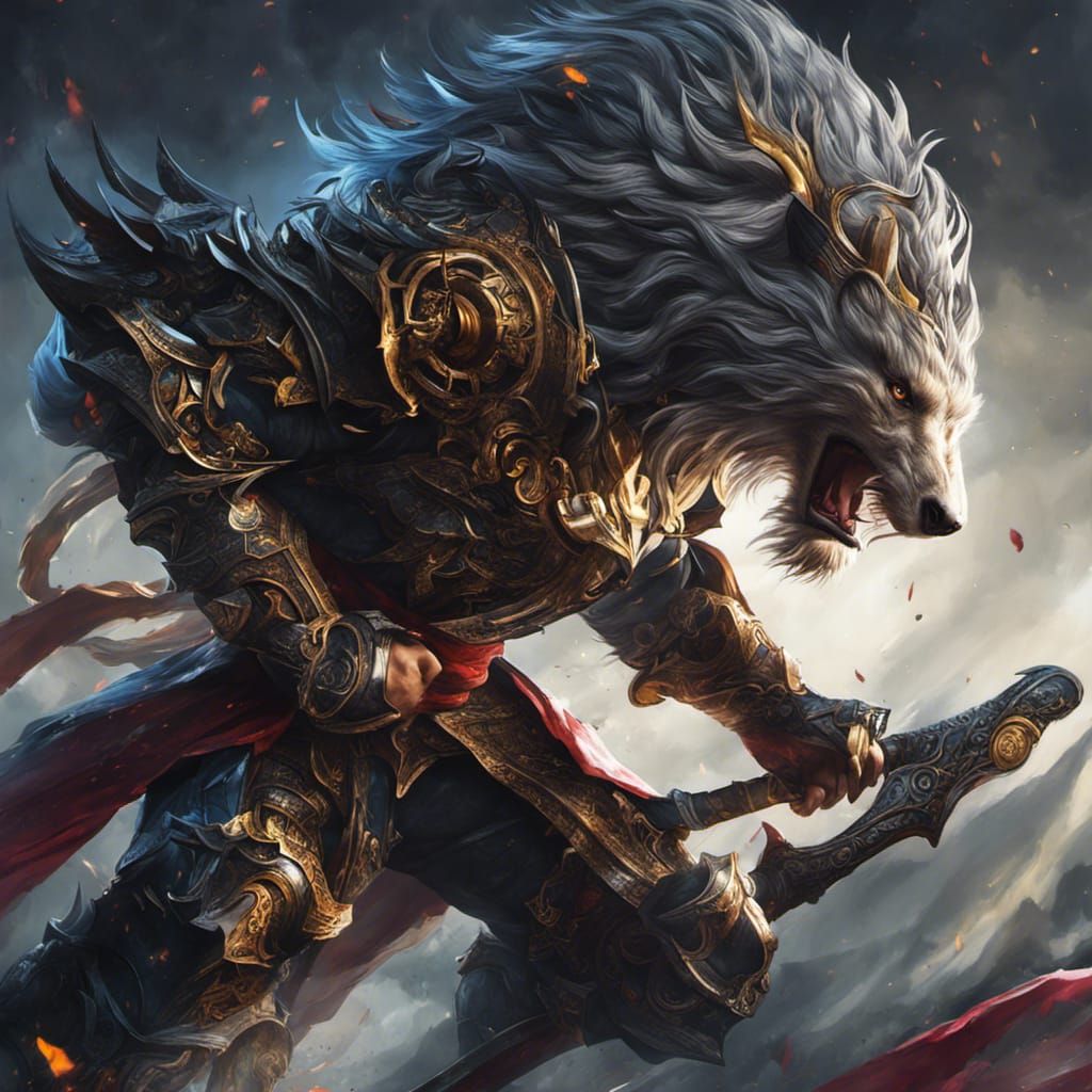 Anthropomorphic Lion Galaxy Knight slaying a god