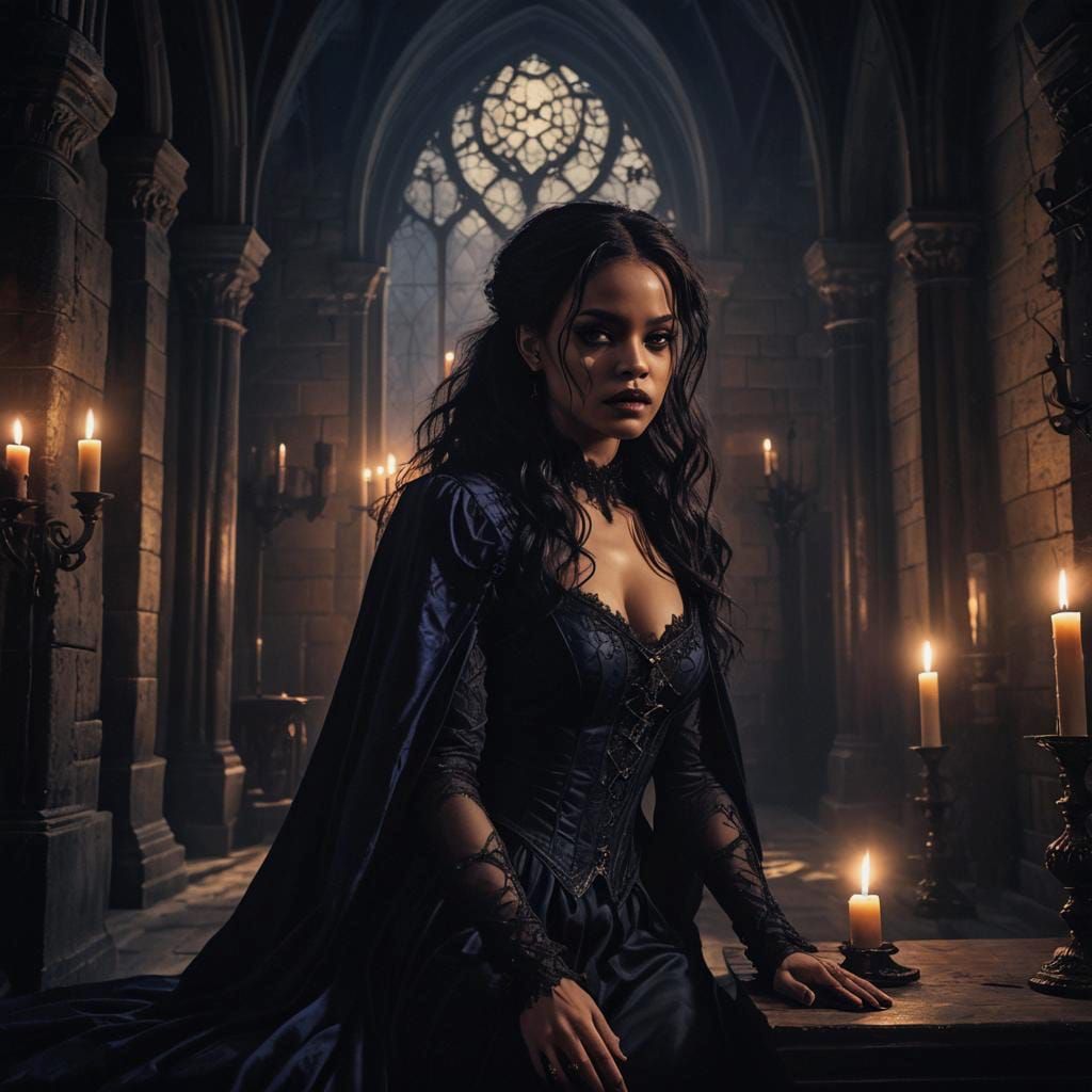 Ravishing Vampire in Gothic Castle, Detailed Matte Painting