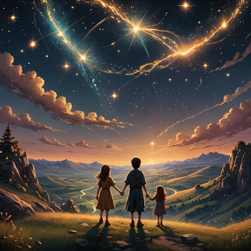Fantasy Art of Children Watching Twinkling Stars