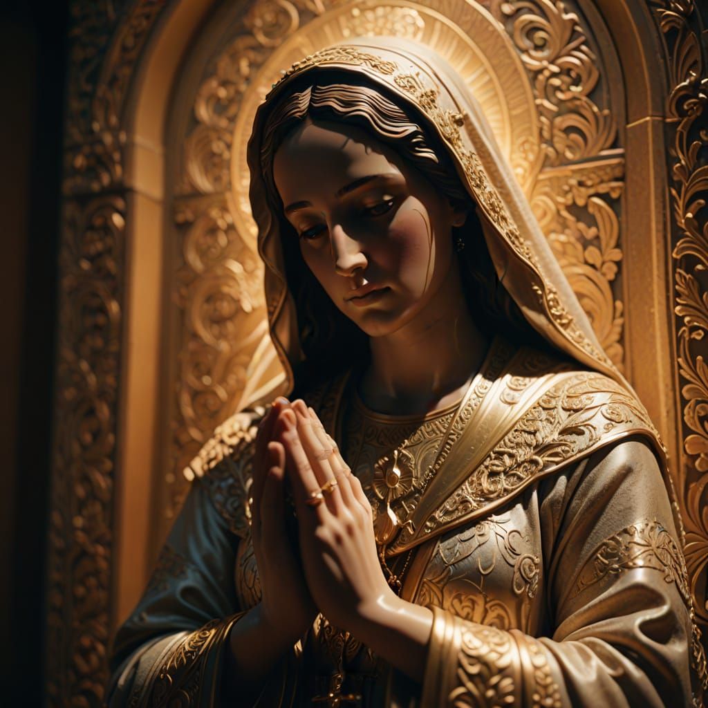 Ethereal Virgin Mary Statue in Cinematic Silk Damask