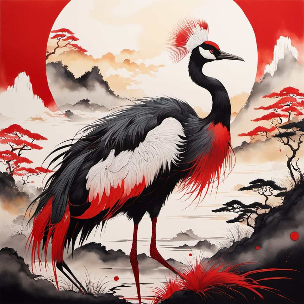 Red and Black Ink Spill on Silk with Gold Accents