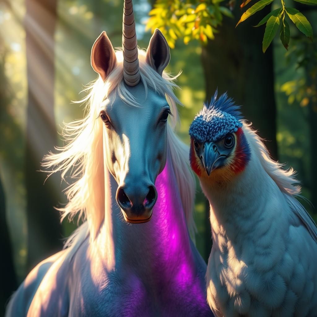 Unicorn and Harpy Bird in Glistening Forest