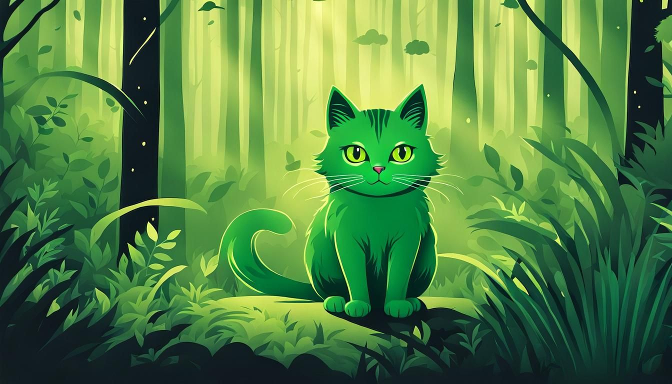 Adorable Green Cat in Forest Ink Poster