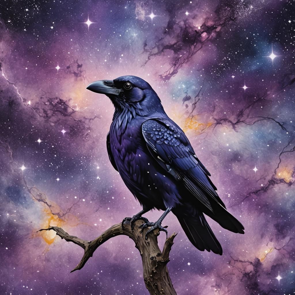 Purple Crow in Galaxy Sky: Abstract Art