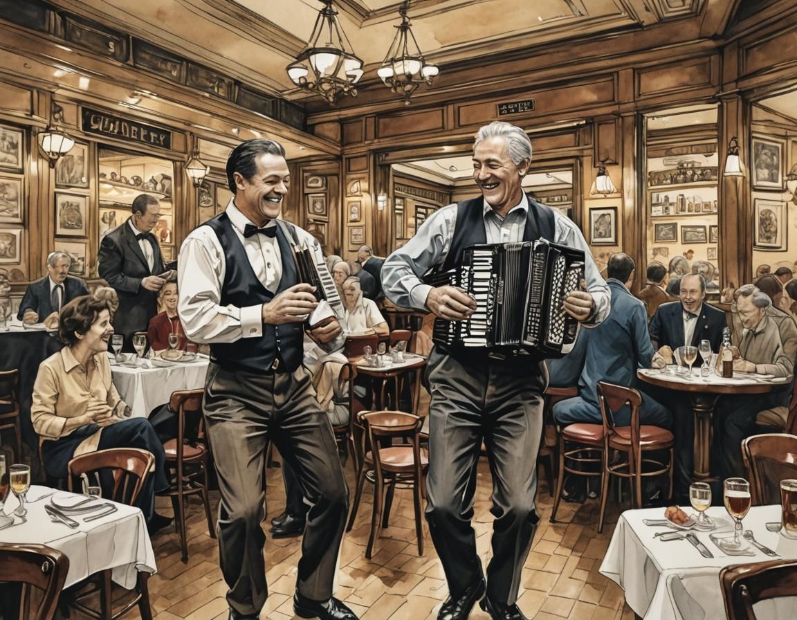 Joyful Accordion Player in French Brasserie Sketch