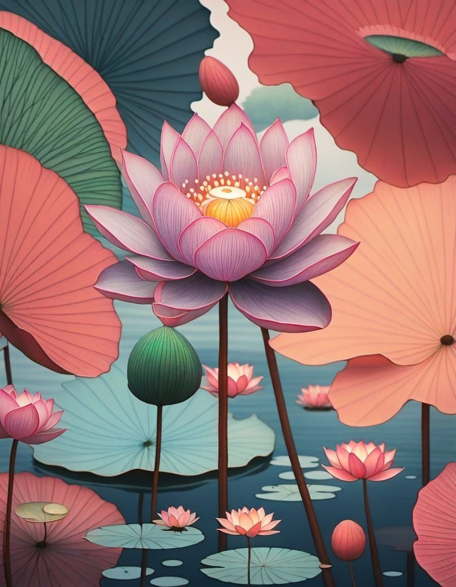 Japanese Garden Pond Scene with Iridescent Lotus Flowers