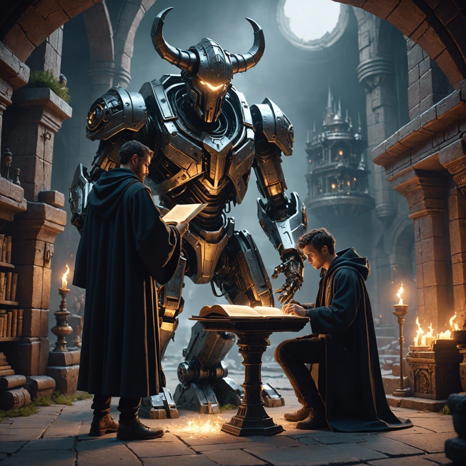 Sorcerer Teaching Magic Spells in Sci-Fi Dungeon