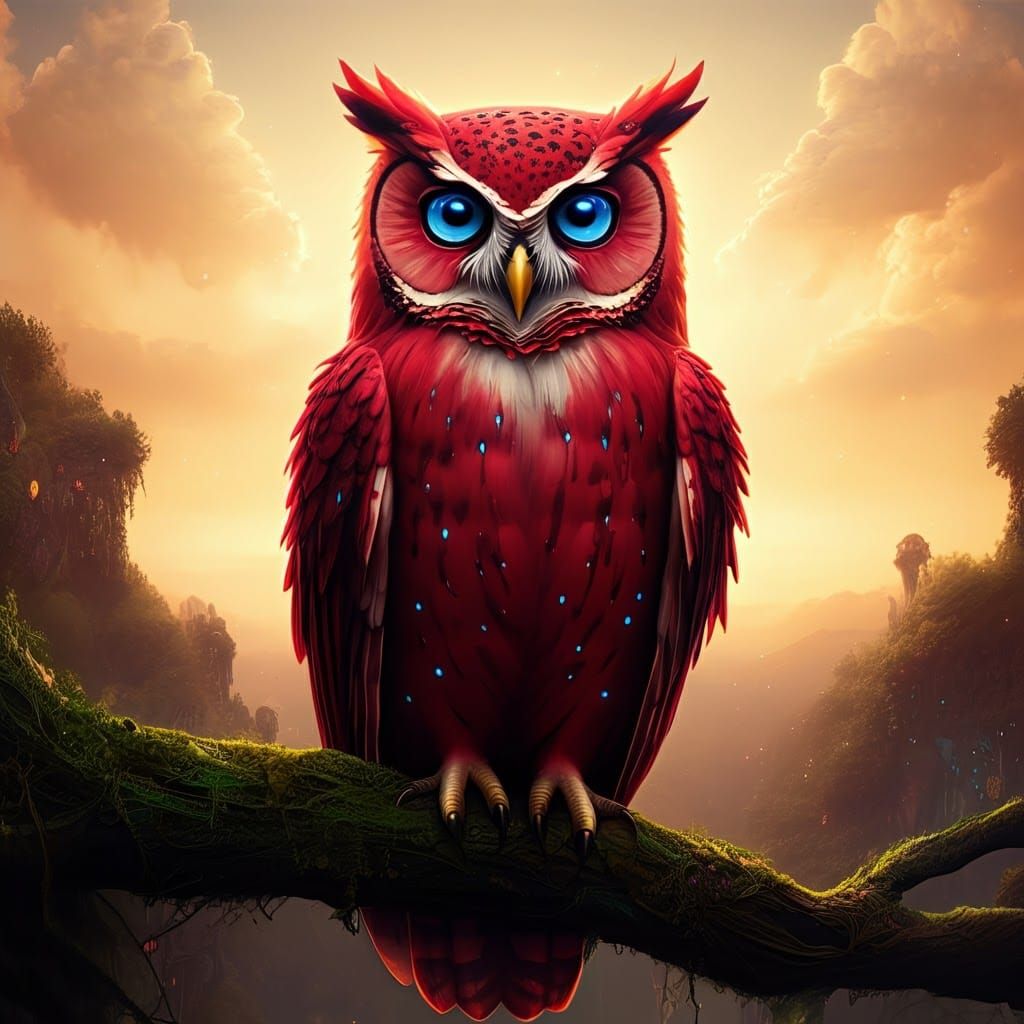 Red Owl with Blue Eyes in Fantasy Landscape