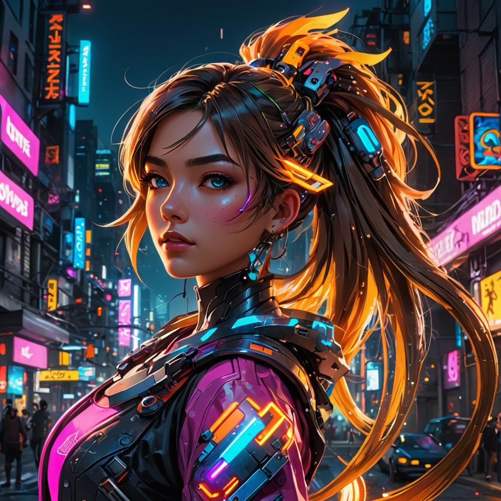 Nintendo Switch Girl in Neon Cityscape