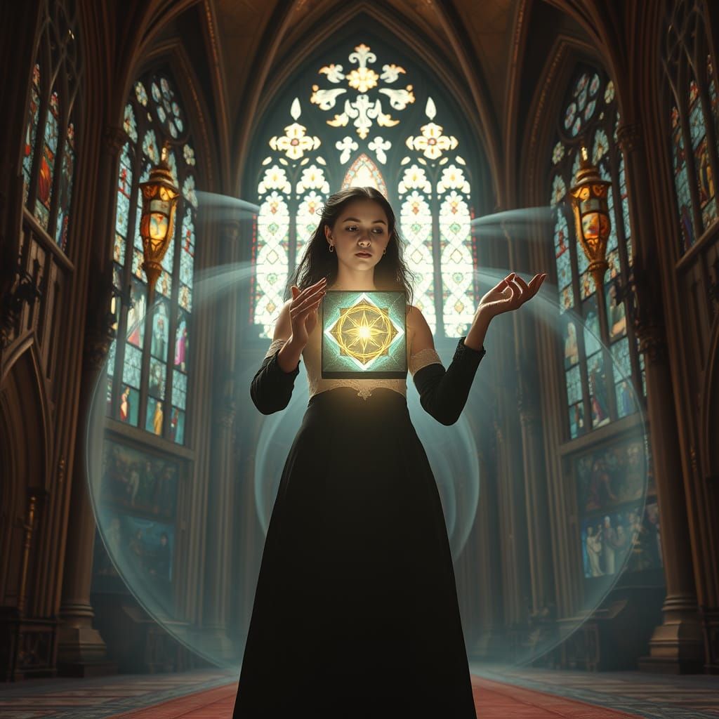 Magician Worships Levitating Cube in Gothic Cathedral