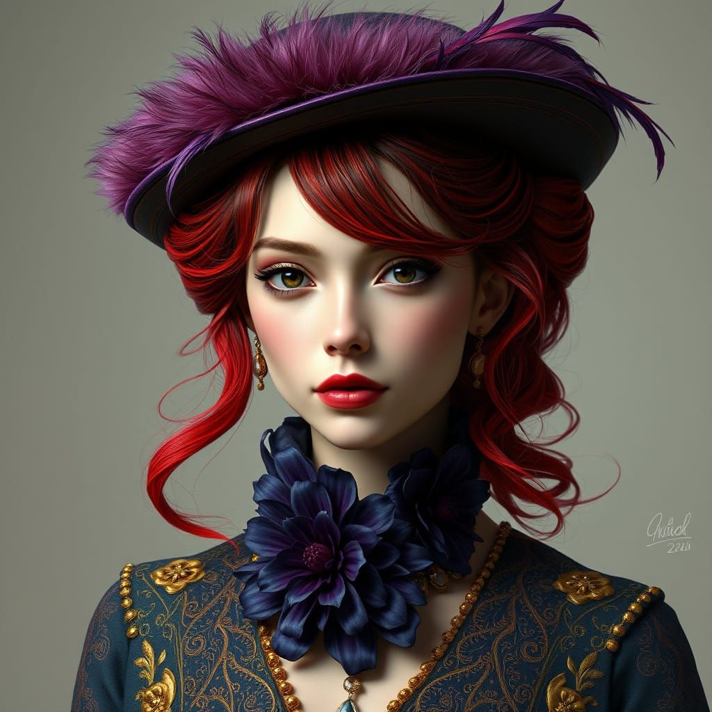 Elegant Woman in Lavish Updo with Vibrant Hair and Ornate At...