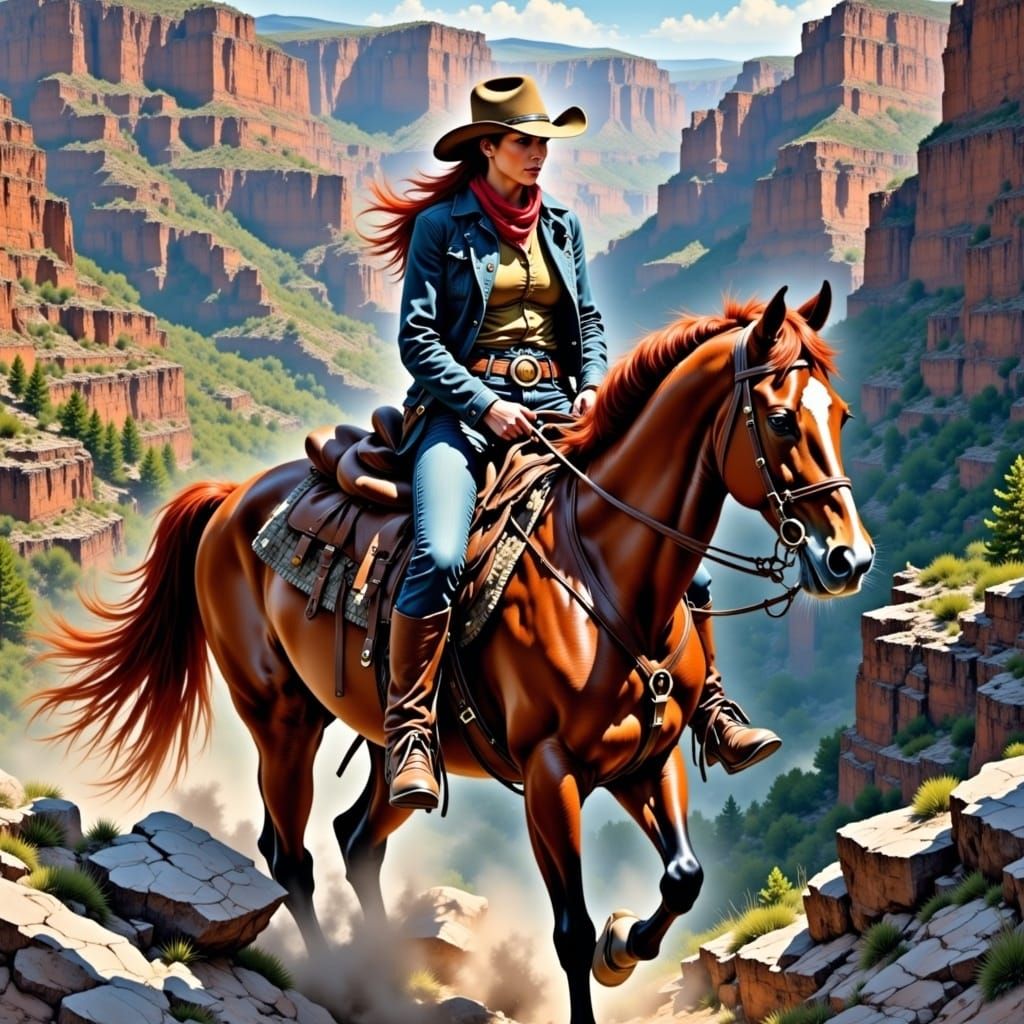 Red Haired Woman Rides Horse Through Mountains