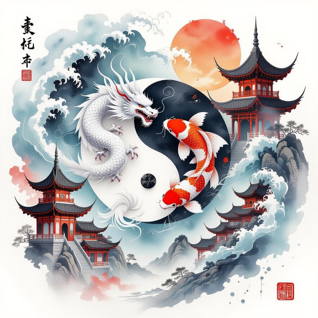 Surreal Dragon and Koi in Watercolor Style