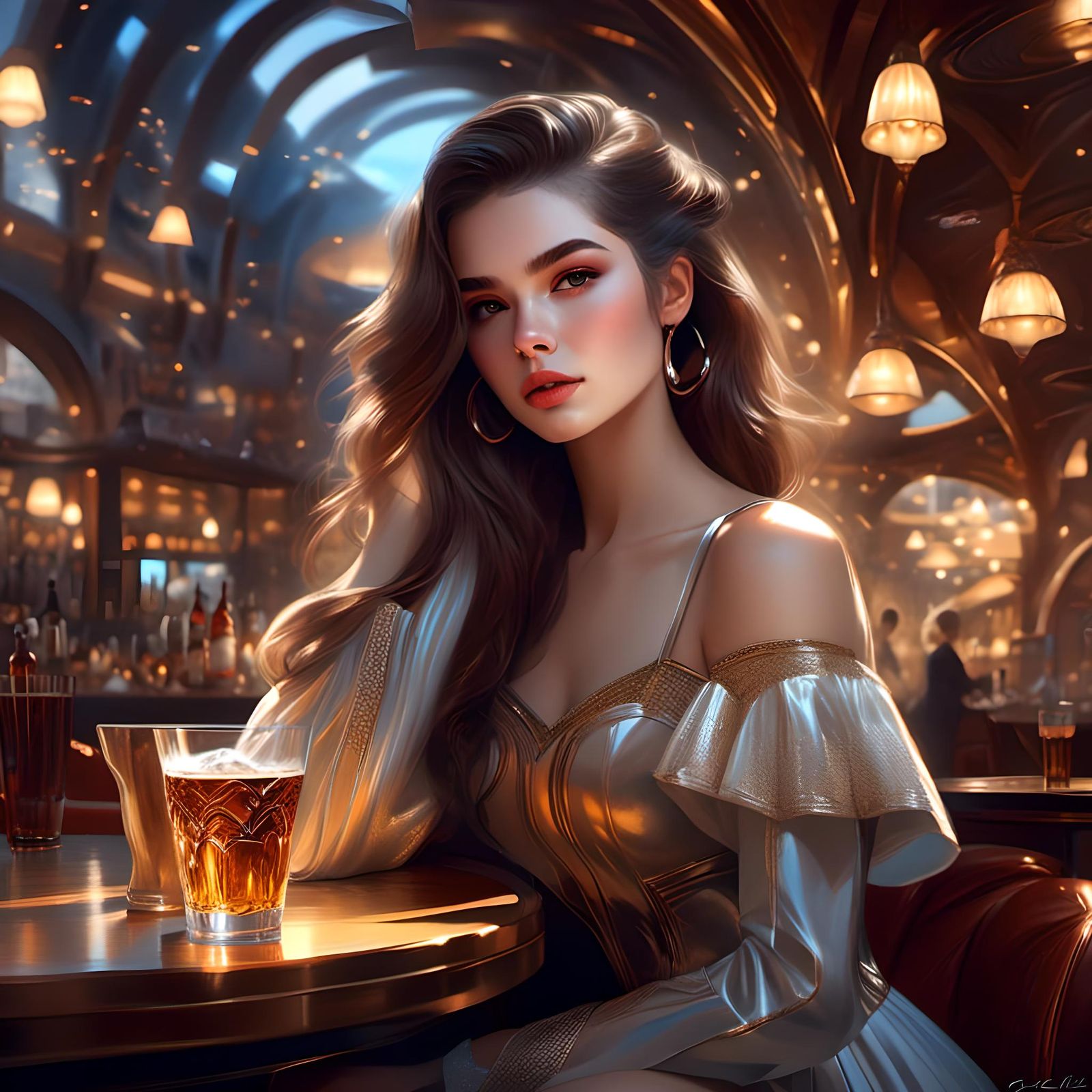 Beautiful Woman in Cozy Tavern: Digital Art