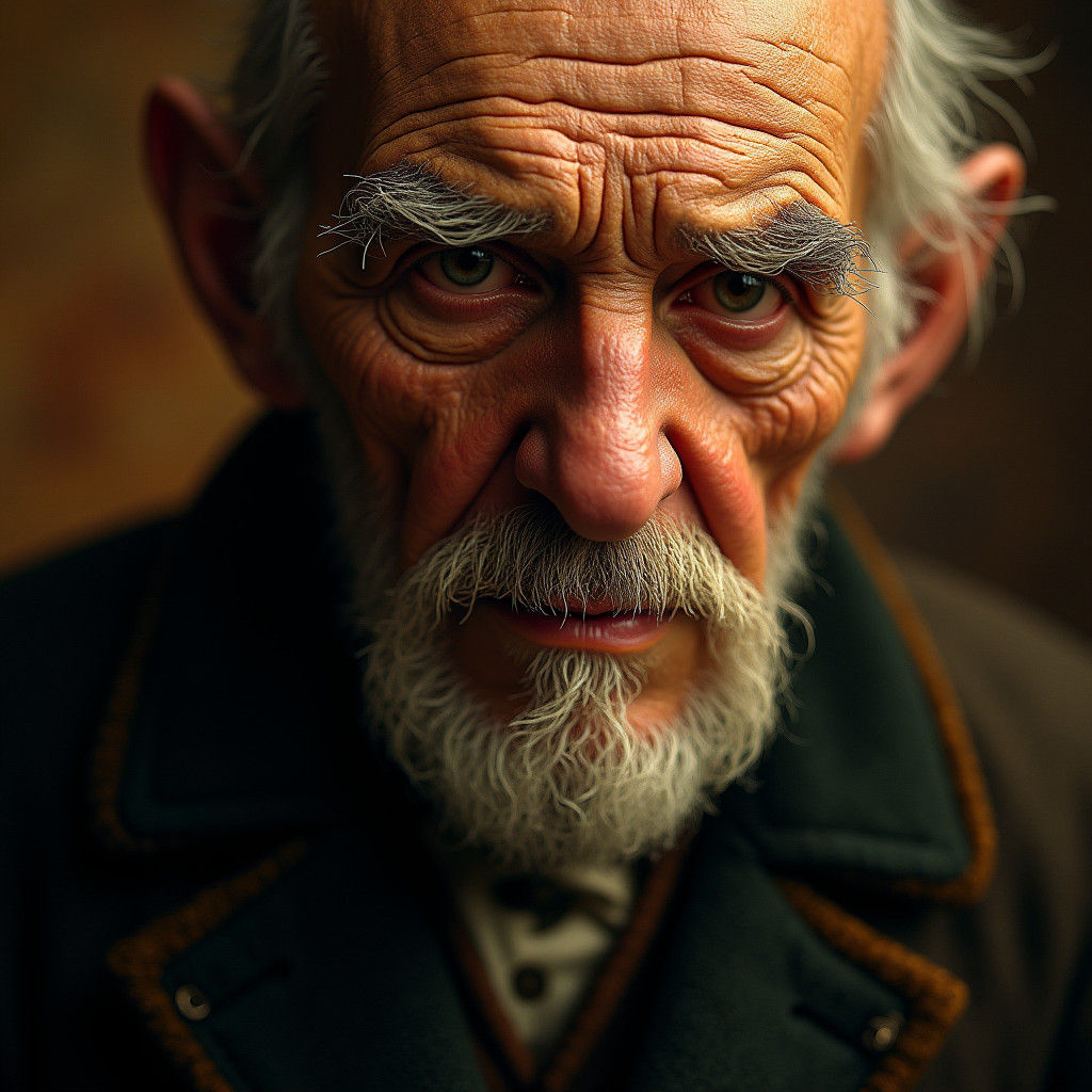 Ebenezer Scrooge's Worn Face in High Definition