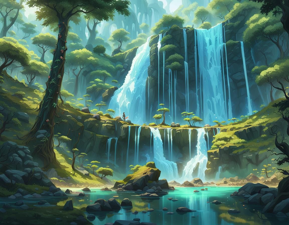 Mystical Forest Waterfall in Photorealistic Style