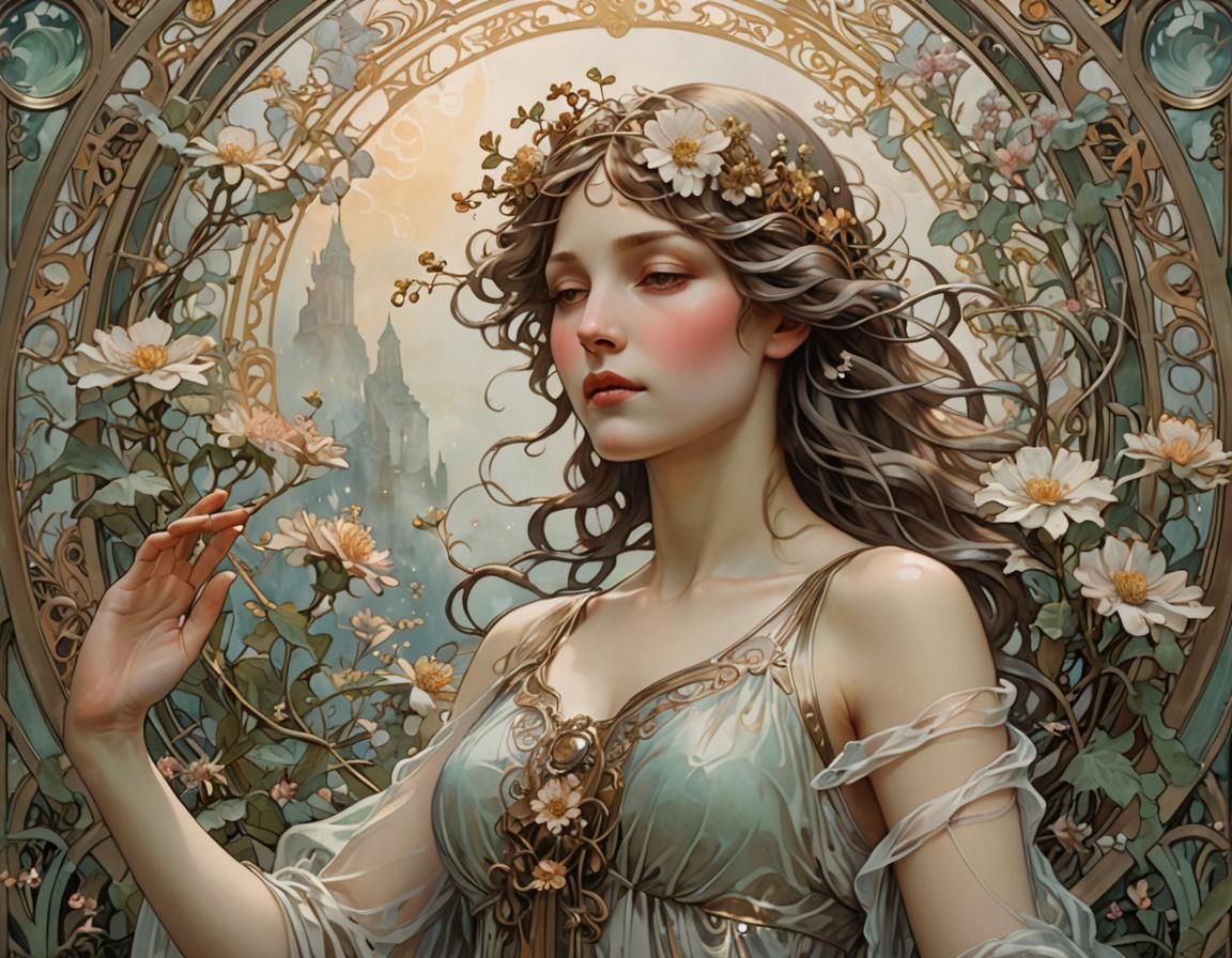 Romantic Woman in Art Nouveau Garden