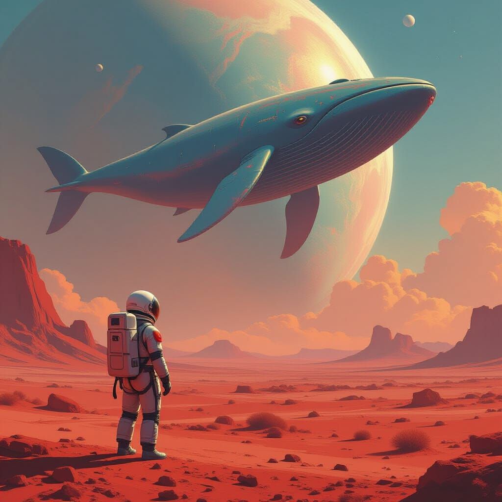 Astronaut Gazes at Cosmic Whale on Red Planet