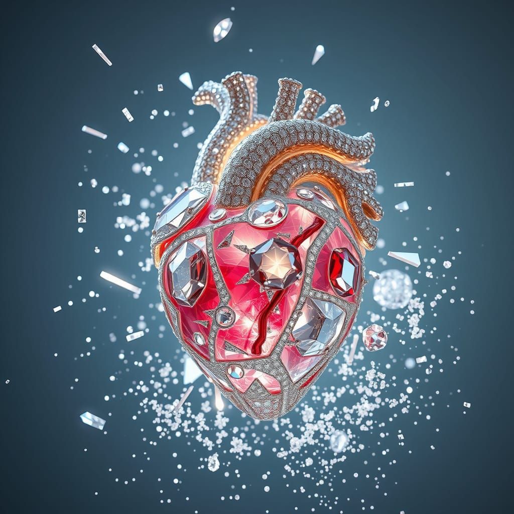 Futuristic Diamond Heart Shatters into Glittering Fragments