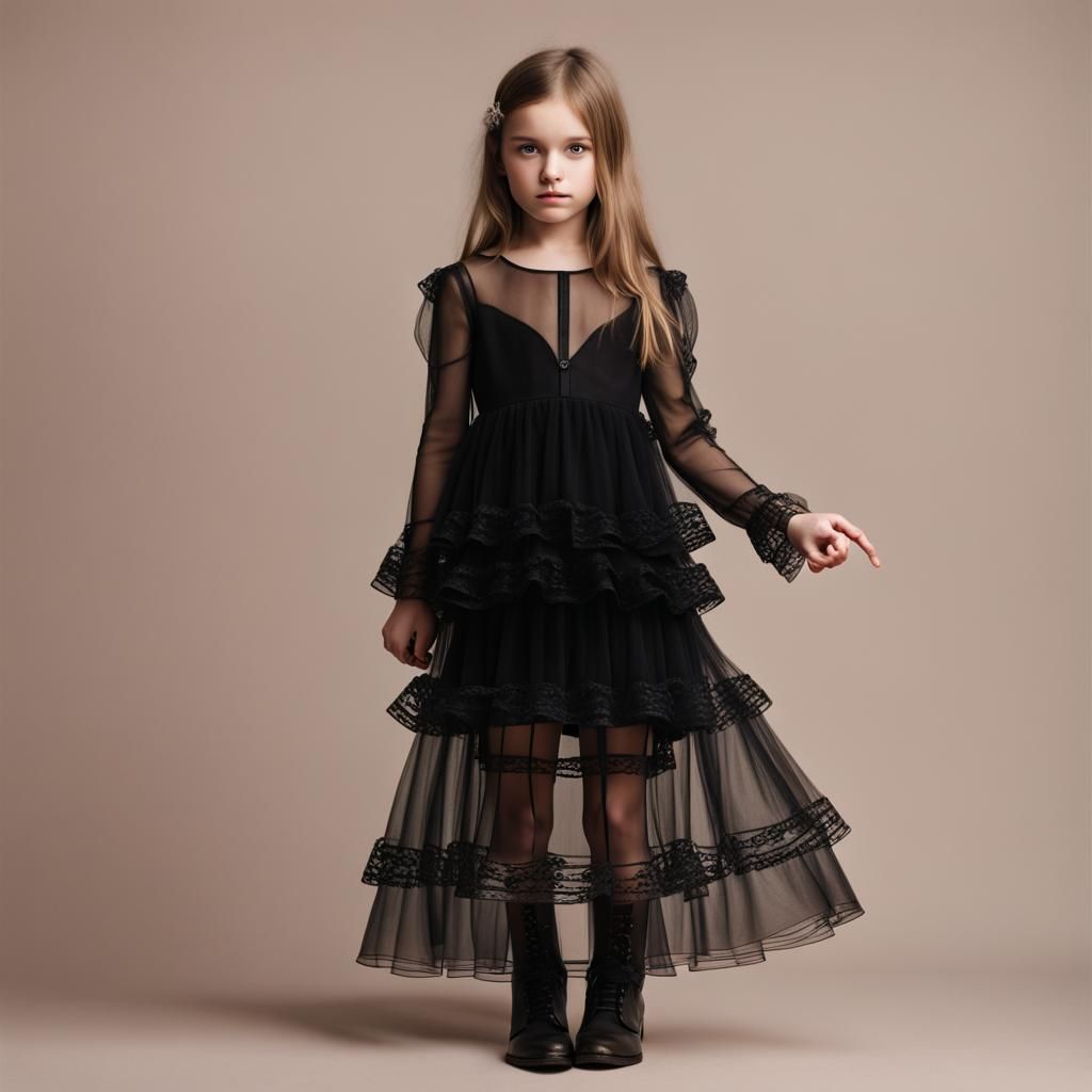 Girl in Black Dress Points Down