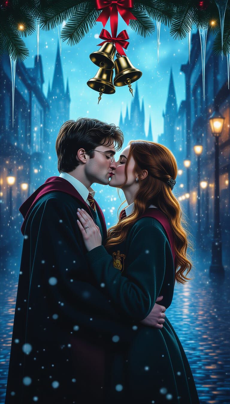 Harry Potter's Cyberpunk Christmas Kiss as Film Still