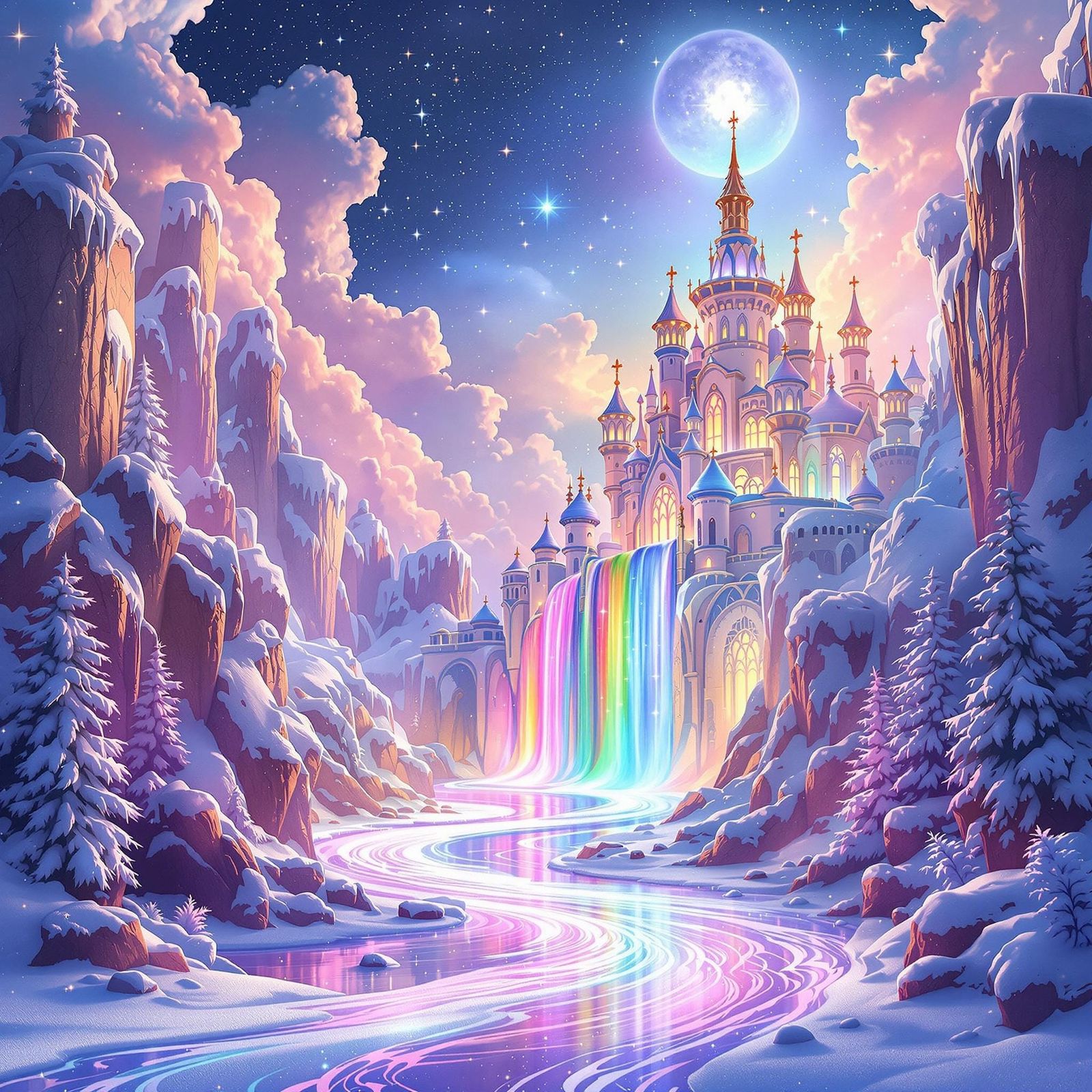 Whimsical Pastel Rainbow Palace Under Snowy Moonlit Sky