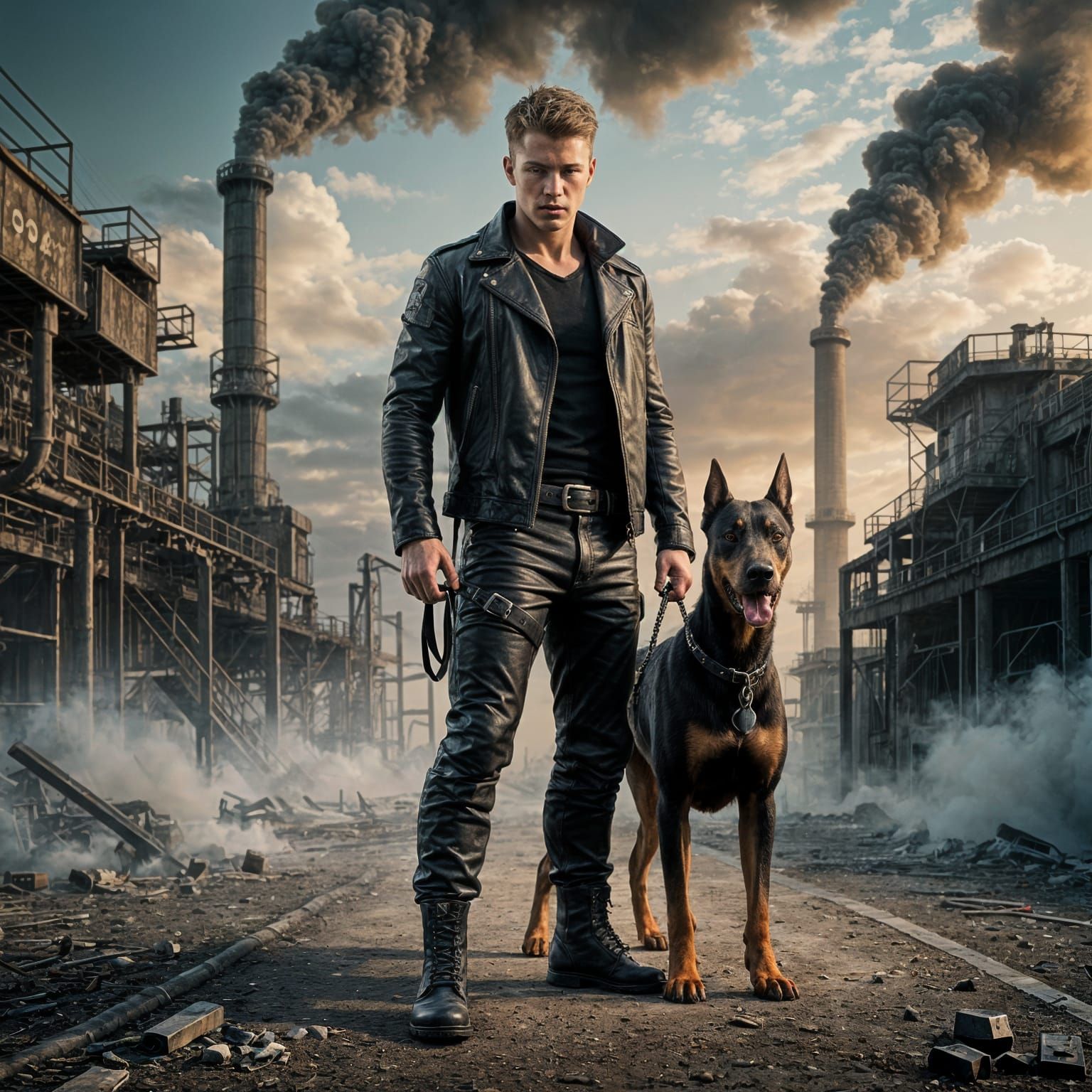 Post-Apocalyptic Hero and Doberman in Painterly Realism