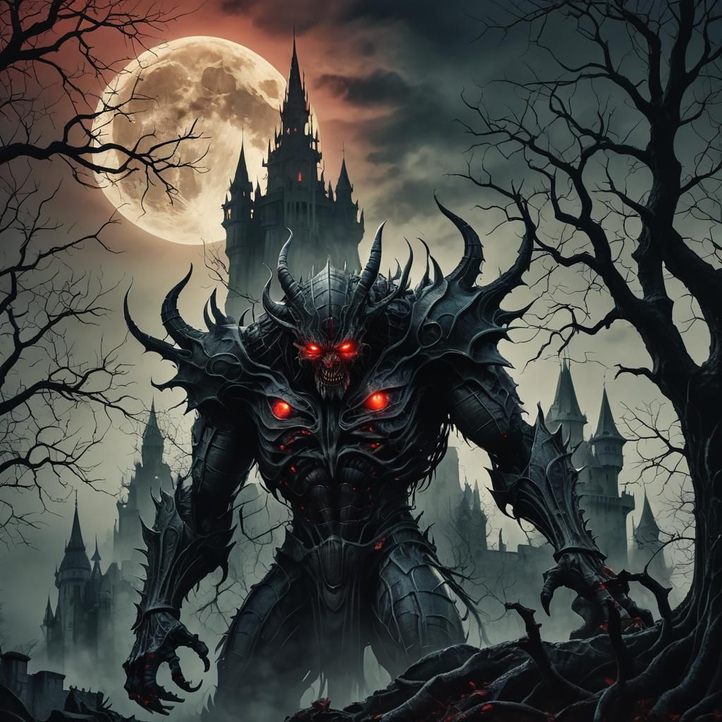 Dark Fantasy Demon Guarding Castle with Red Eyes