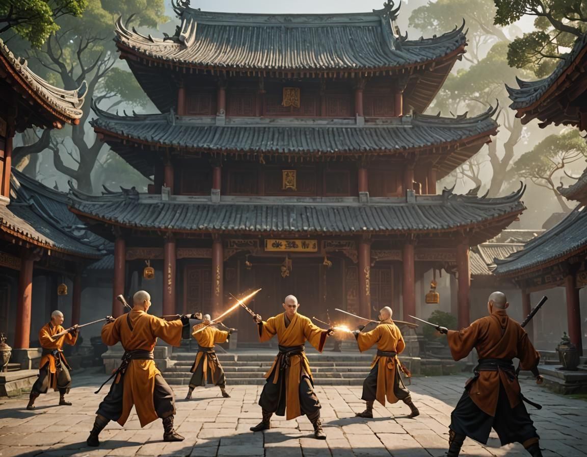 Elf and Human Monks Training at Dawn