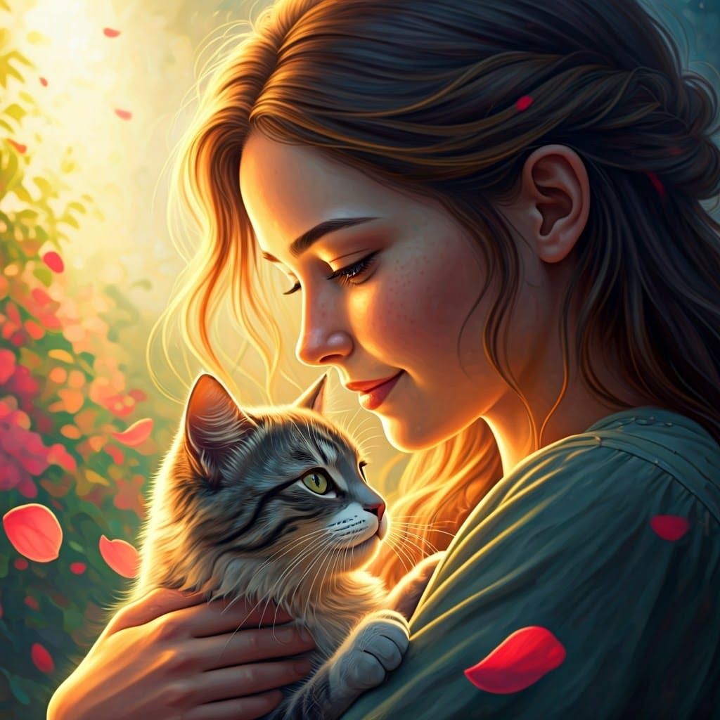 Woman Cradling Cat in Golden Light