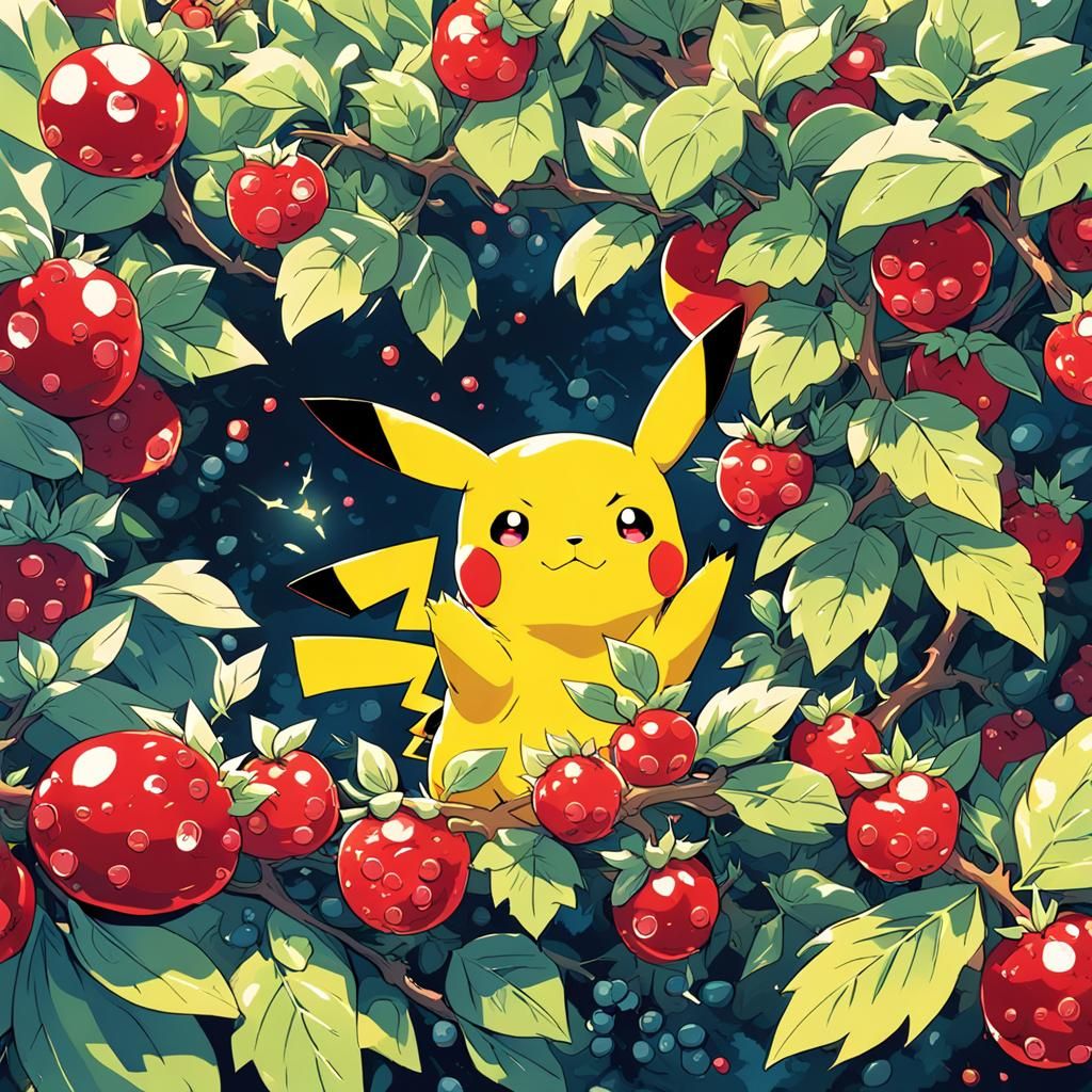 Pikachu in Berry Bush: Cel-Shaded Anime Art