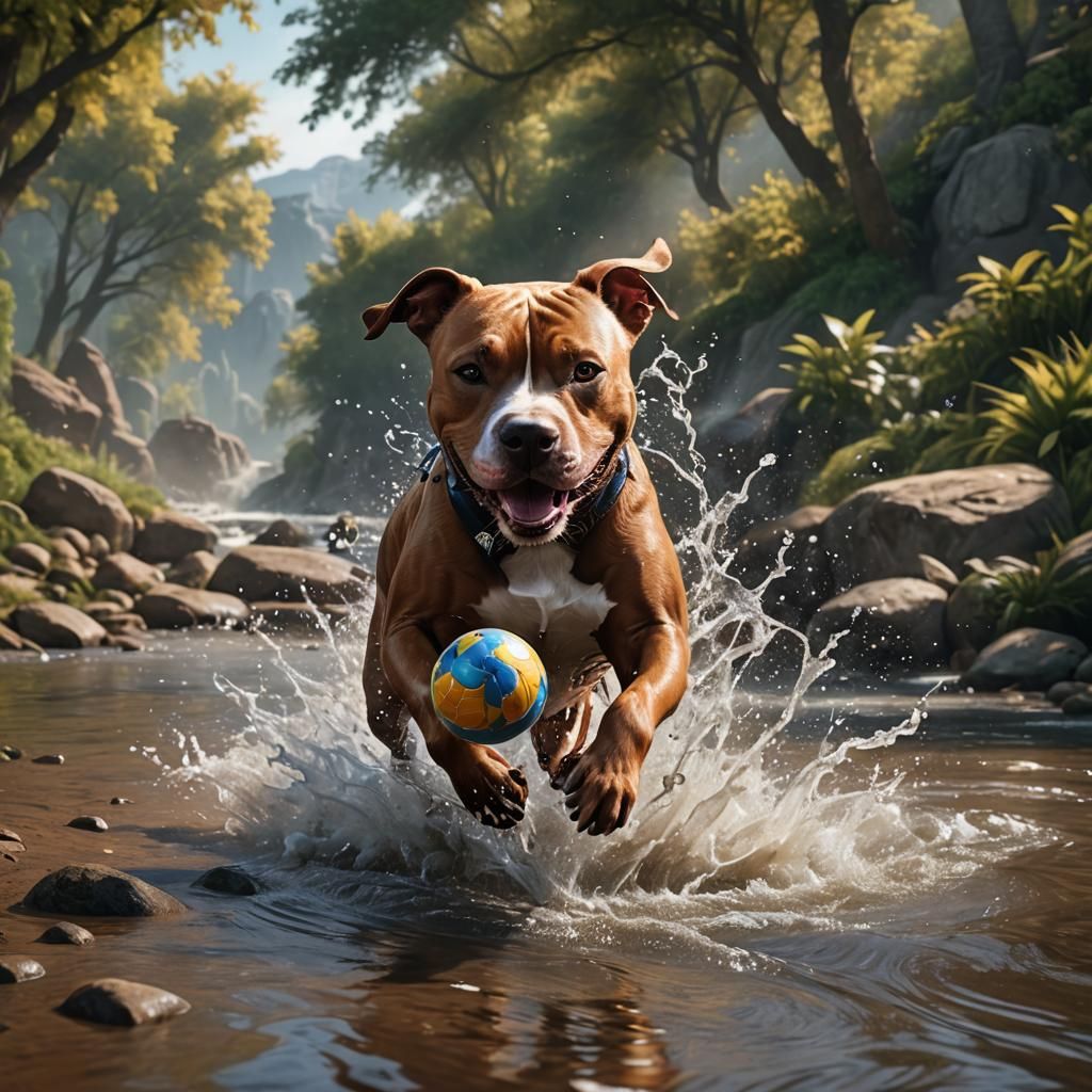 Happy Pitbull Splashing in River: Detailed Matte Painting