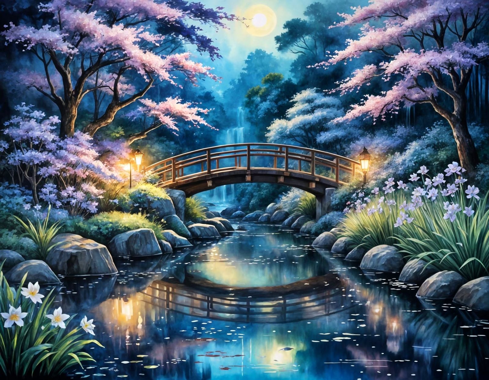 Moonlit Japanese Garden Oasis with Wooden Bridge