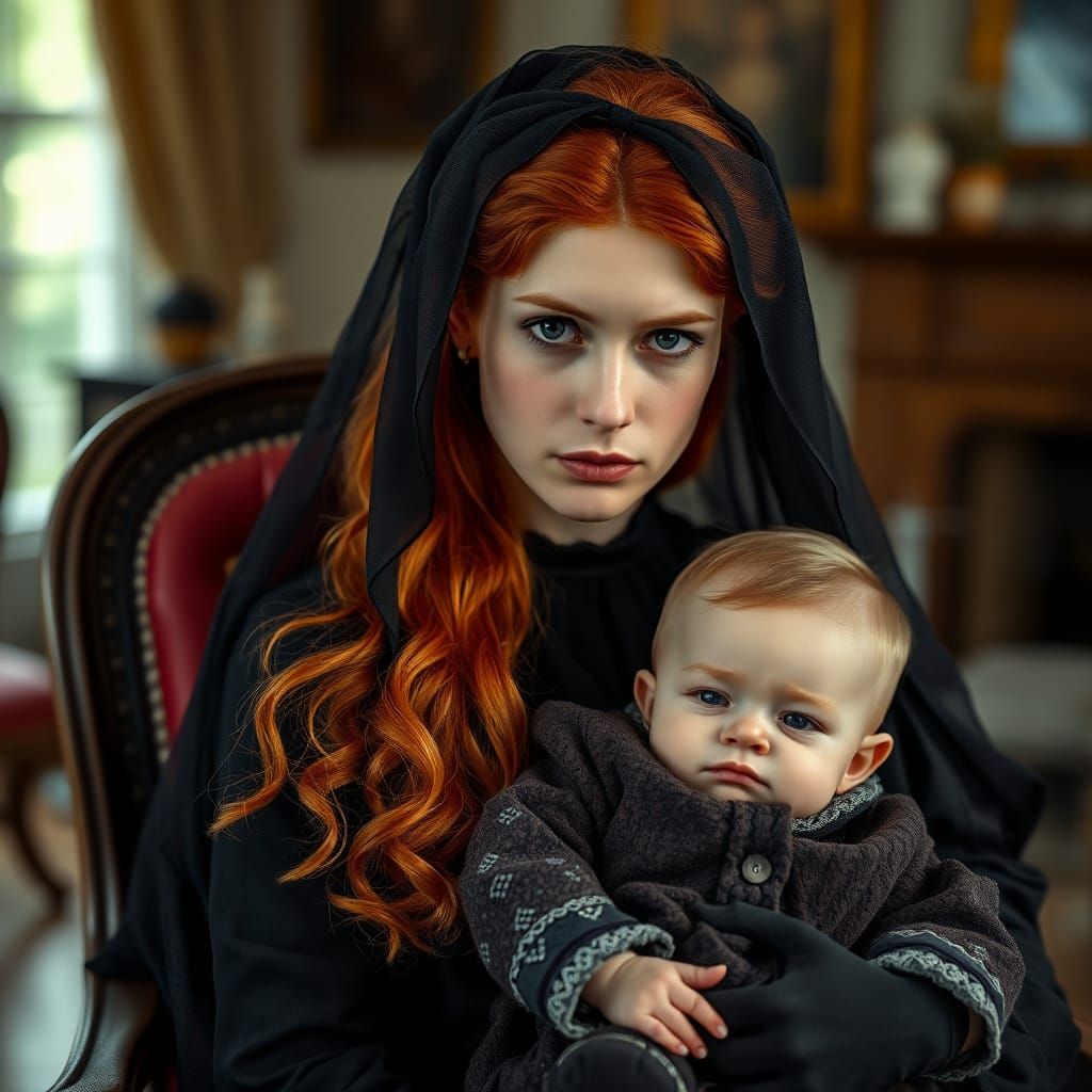 Mother's Sorrowful Gaze in 19th Century Elegance