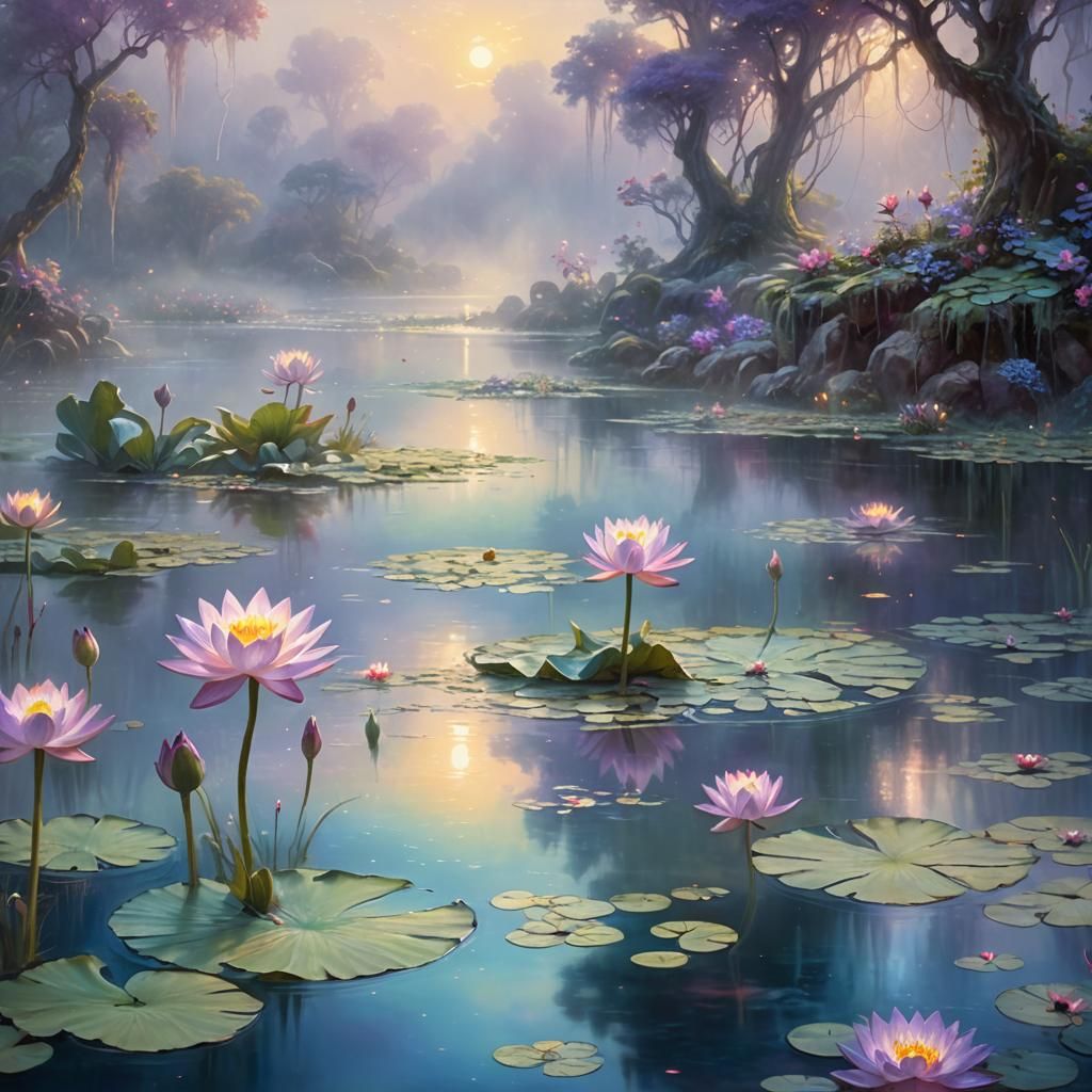 Ethereal Water Spirits Emerging from Mystical Lagoon