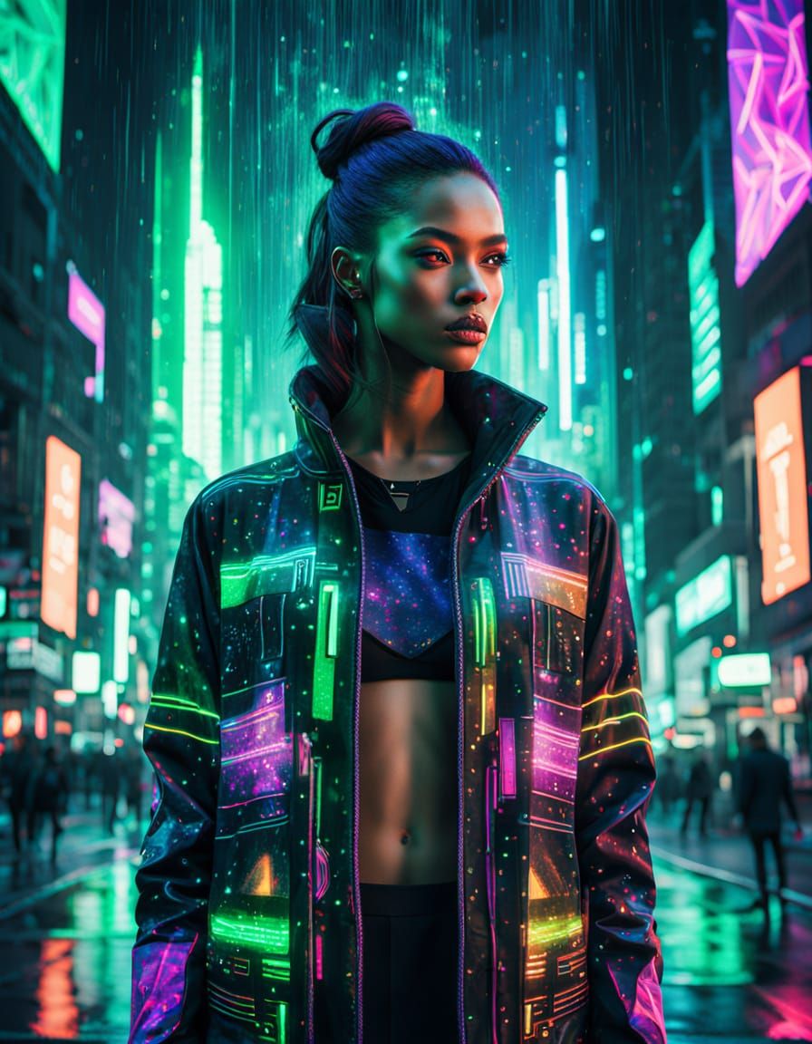 Cyberpunk Fashion Odyssey in Vibrant Double Exposure