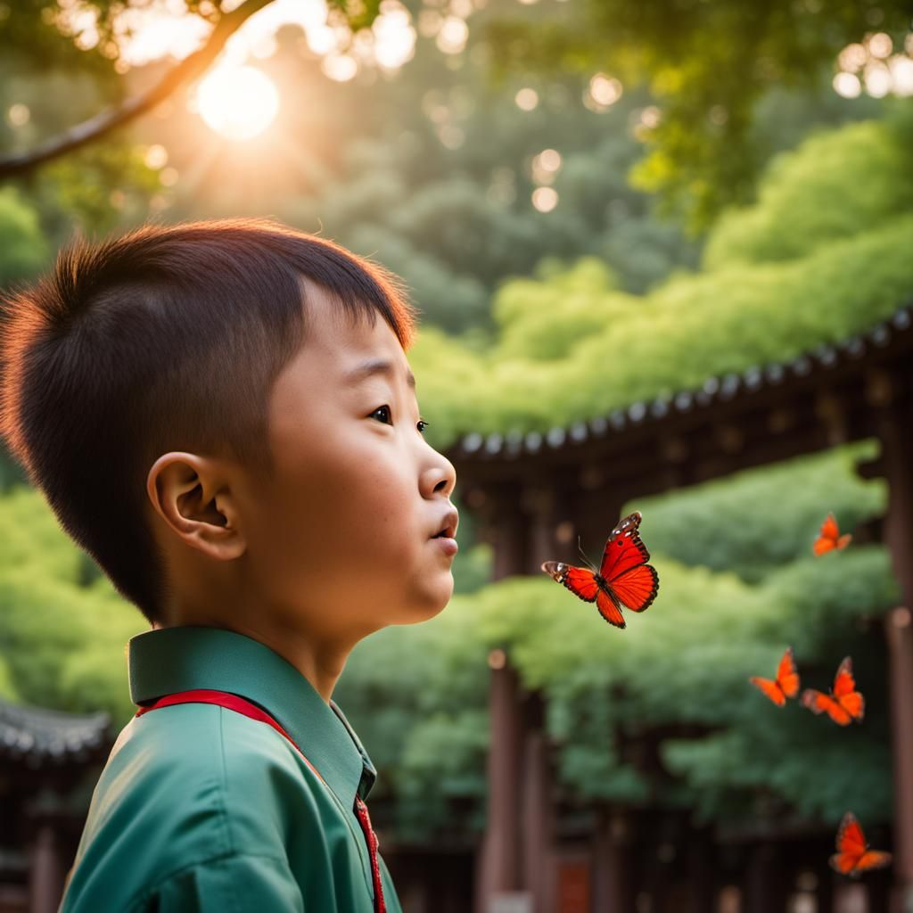 Boy in Shinto Shrine with Butterflies: Photography