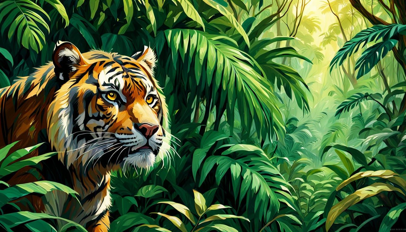 Sumatran Tiger in Rainforest: Vibrant Oil Painting