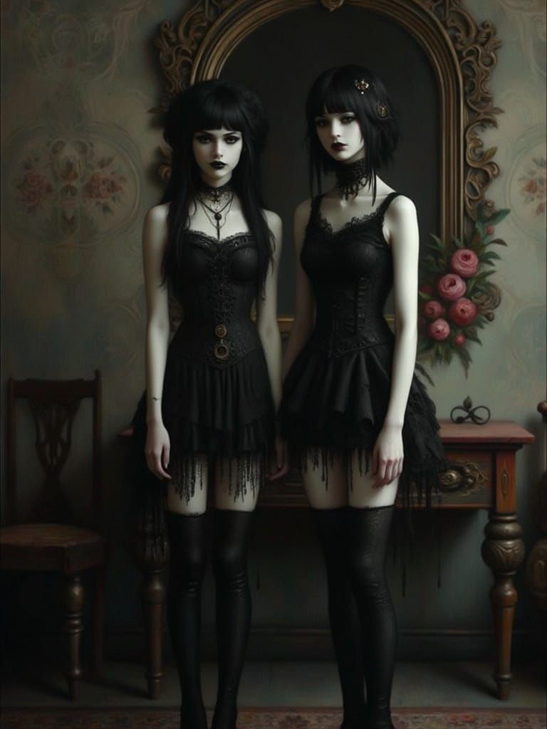 Gothic Women in Dresses with Geometric Background