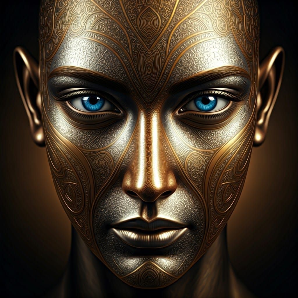 Luxurious Art Deco Face Sculpture with Glittering Metallic D...
