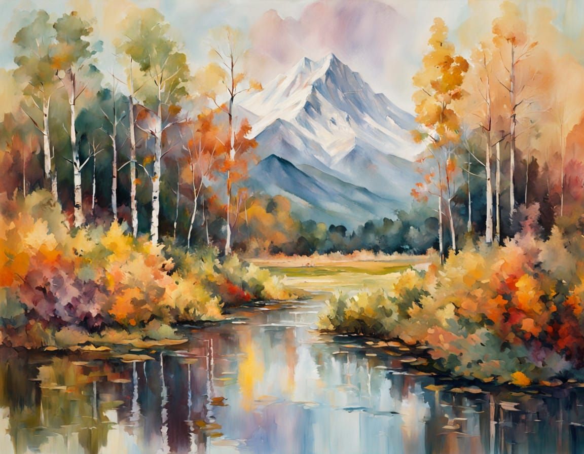 Misty Morning Aspen in Vibrant Gouache Style