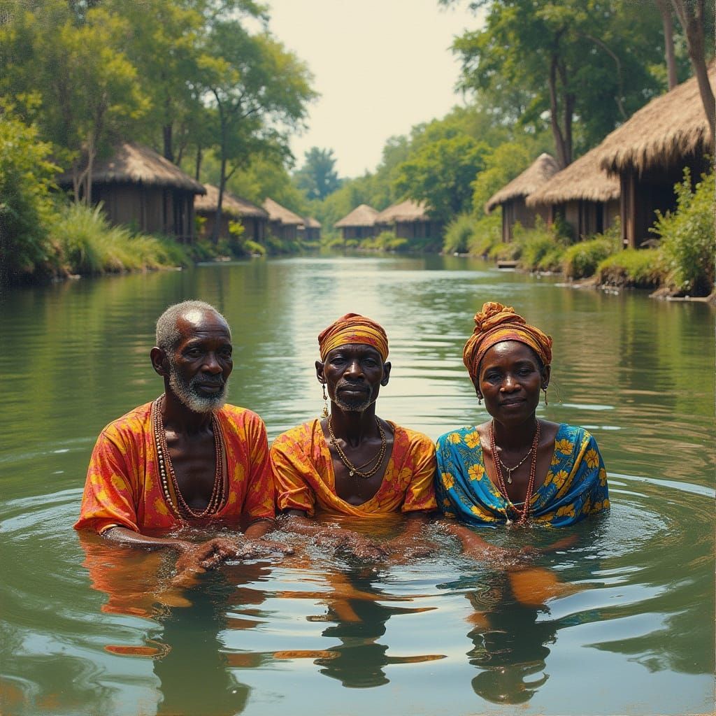 Friends Swim in River, African Art Style