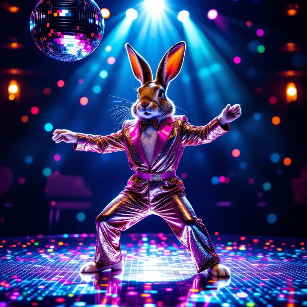 Jackrabbit Disco Dancing in 1970s Jumpsuit Under Disco Ball