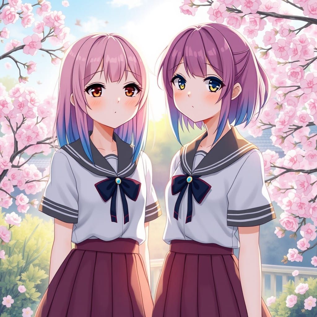 Pastel-Colored Anime Sisters in Serene Japanese Garden