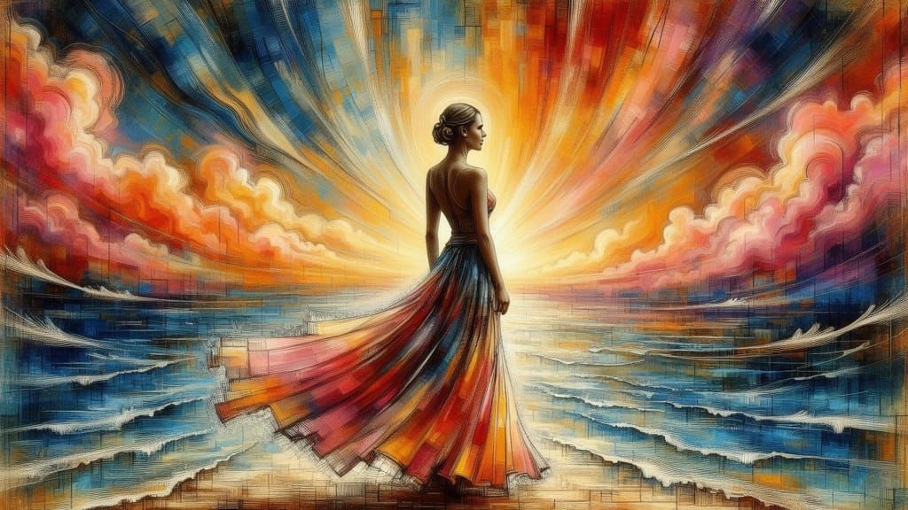 Woman Gazing at Sunset in Surrealist Style