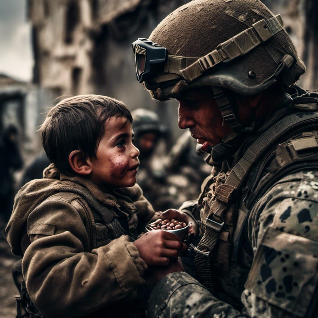 Special Forces soldier giving food to Iraqi boy