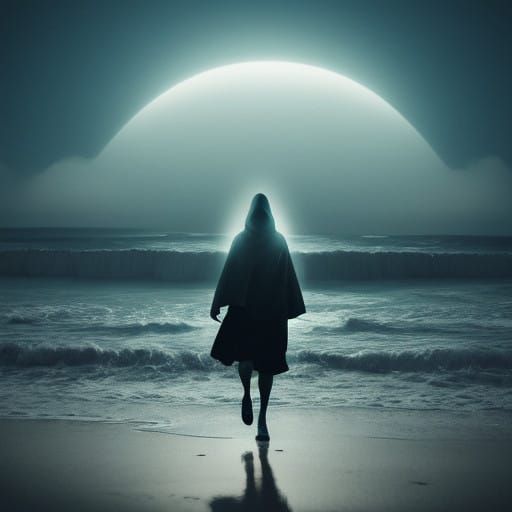 Ethereal Woman Walking on Moonlit Beach at Night
