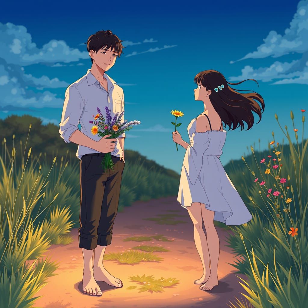 Romantic Anime Scene: Man with Wildflowers, Cel-Shaded Style