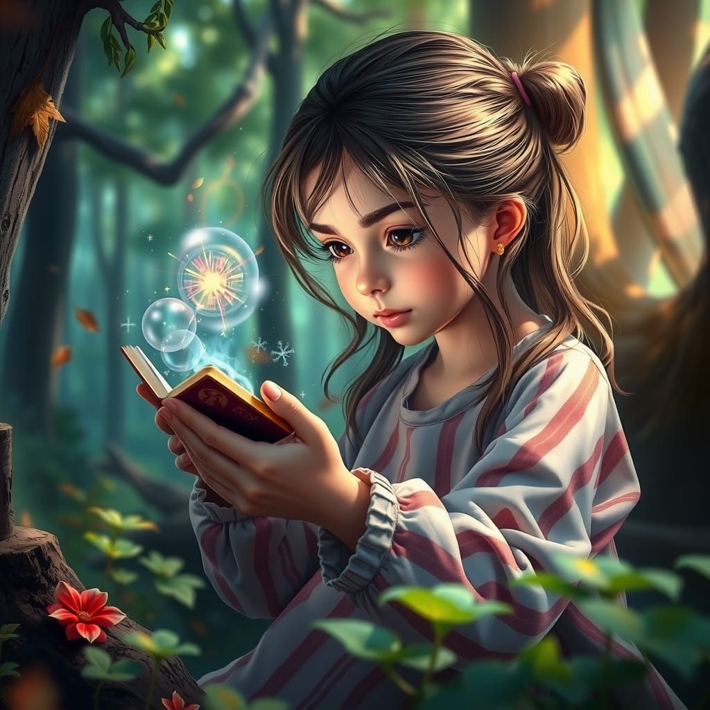 A girl learning magic out in the forest. Nature's classroom.